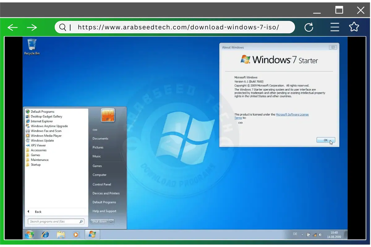 تمثيل مرئي لنظام التشغيل Windows 7 Starter، مع تسليط الضوء على بيئة سطح المكتب باستخدام شريط المهام وأيقونات التطبيقات