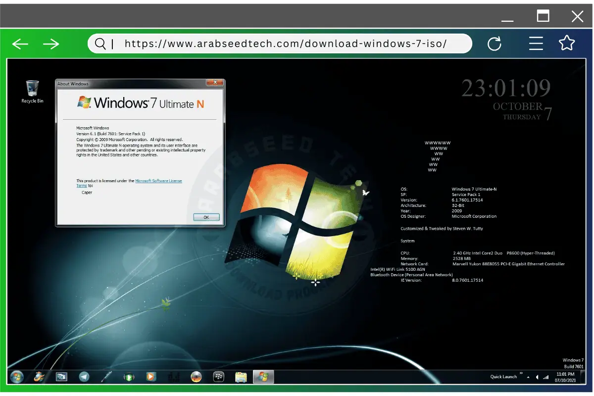 يتم عرض Windows 7 Ultimate على شاشة الكمبيوتر، مما يسلط الضوء على واجهته الأنيقة ووظائفه القوية للمستخدمين