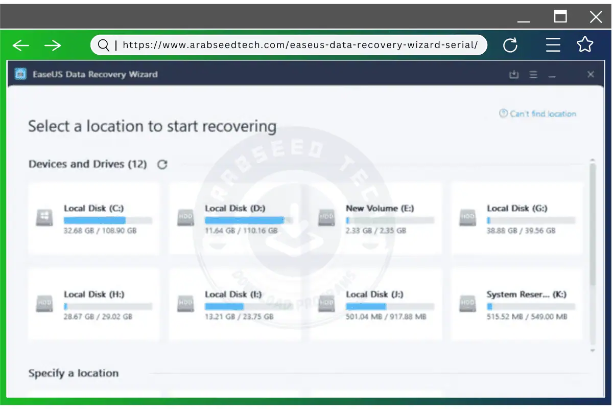 أداة EaseUS لاستعادة البيانات تُظهر قائمة بمواقع الملفات حيث يمكن للمستخدمين استرداد الملفات المحذوفة أو المفقودة بشكل فعال.