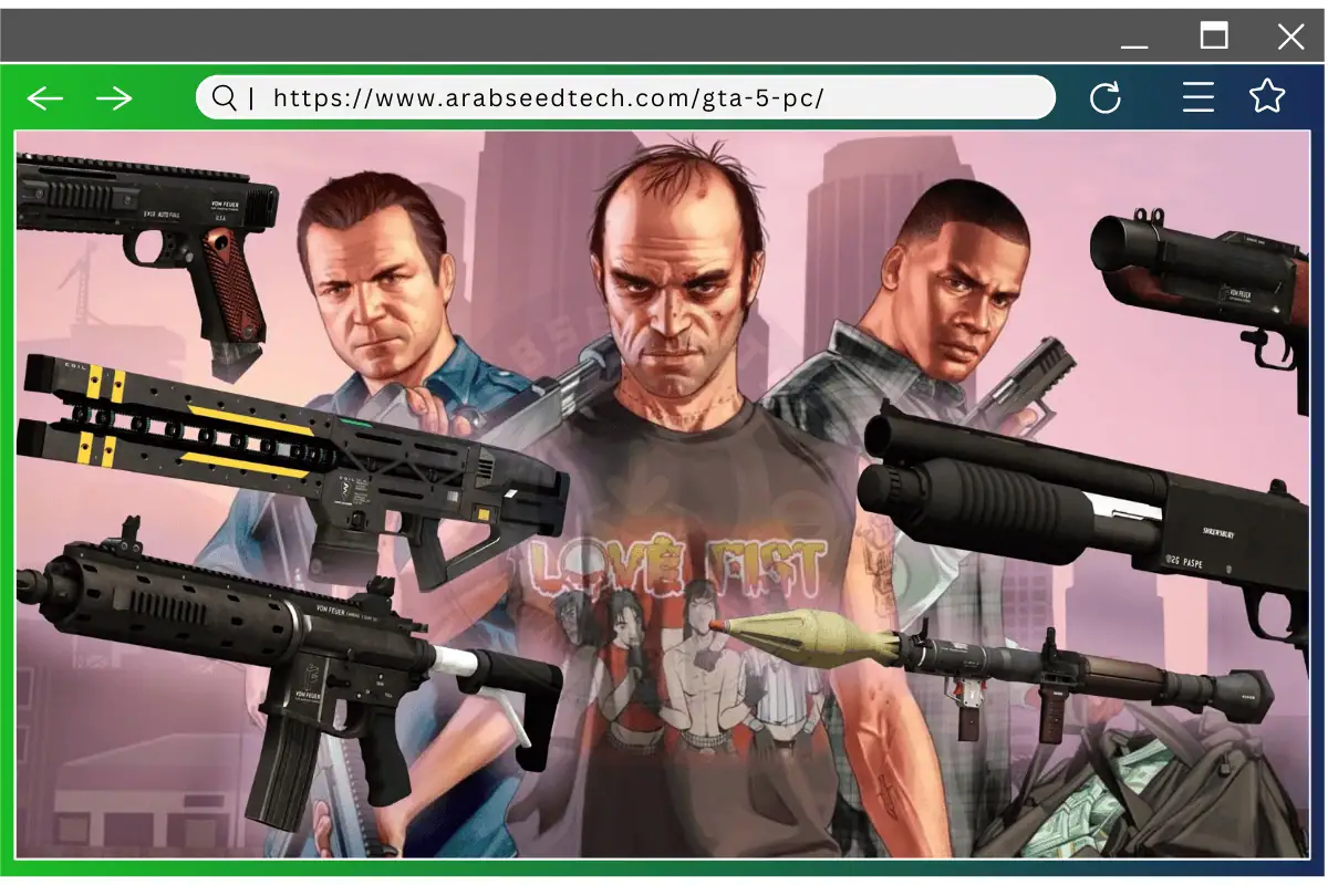 مجموعة متنوعة من الأسلحة من GTA 5، تعرض البنادق والمتفجرات وأدوات القتال في بيئة لعب ديناميكية