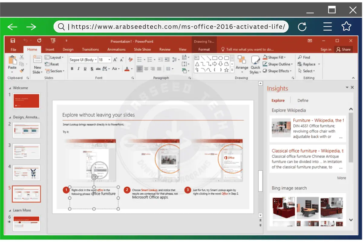 لقطة شاشة لواجهة PowerPoint الخاصة بـ Office 2016 تعرض شريحة عرض تقديمي تحتوي على نص وصور